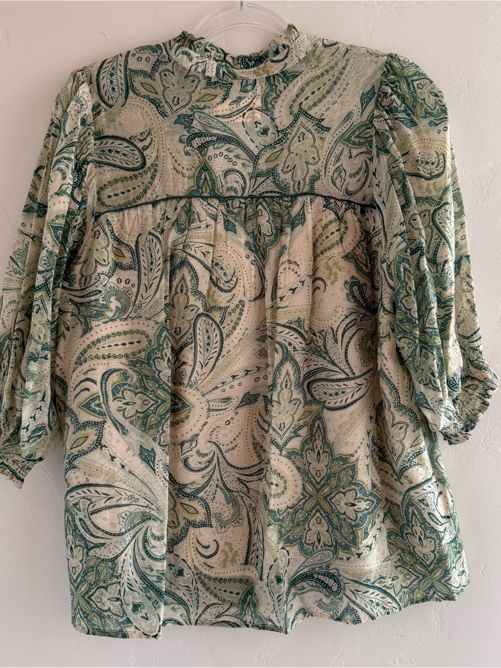 Umgee Green Ivory Paisley Peasant Blouse 3/4 Sleeve Boho Top Medium - Picture 6 of 13